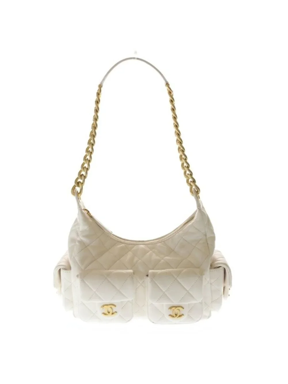Chanel Quilted Large Hobo Chain Shoulder Bag Lambskin Gold White